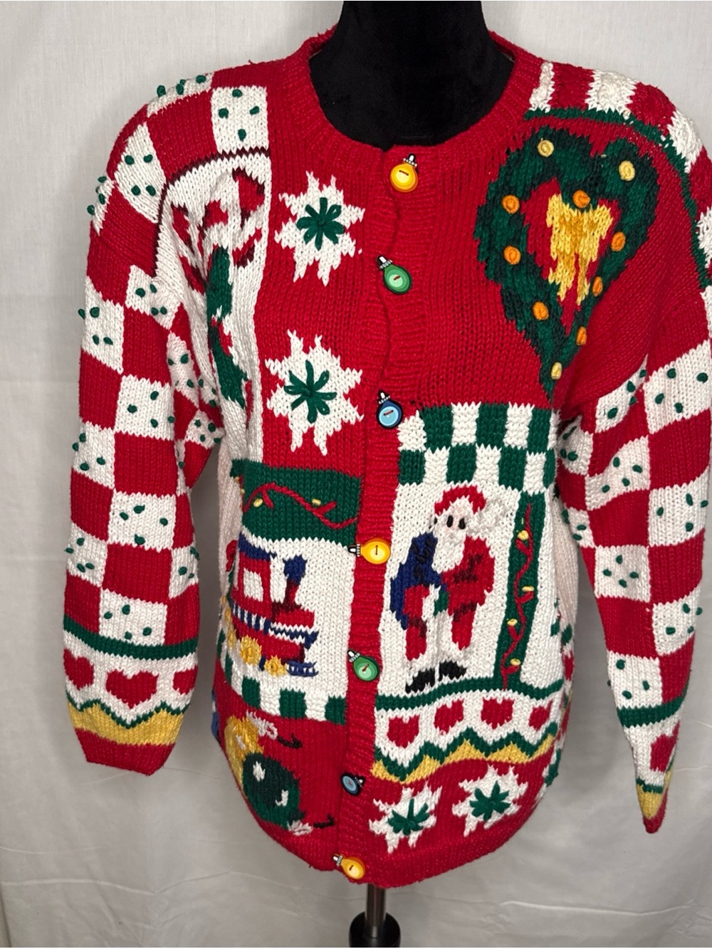 90s Eagles Eye Hand Knit Christmas Cardigan Sweater Sz M Grandmacore Vintage